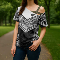 New Zealand Black Fern Custom Cross Shoulder Shirt Maori Tukutuku Black-white Motif LT9 - Polynesian Pride