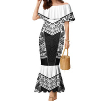 New Zealand Black Fern Custom Family Matching Mermaid Dress and Hawaiian Shirt Maori Tukutuku Black-white Motif LT9 Mom's Dress White - Polynesian Pride
