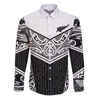 New Zealand Black Fern Custom Family Matching Off Shoulder Maxi Dress and Hawaiian Shirt Maori Tukutuku Black-white Motif LT9 Dad's Shirt - Long Sleeve White - Polynesian Pride