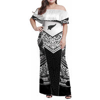 New Zealand Black Fern Custom Family Matching Off Shoulder Maxi Dress and Hawaiian Shirt Maori Tukutuku Black-white Motif LT9 Mom's Dress White - Polynesian Pride