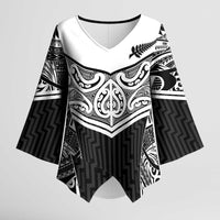 New Zealand Black Fern Custom Kimono Sleeve Blouse Maori Tukutuku Black-white Motif LT9 Female White - Polynesian Pride
