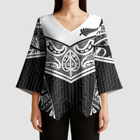 New Zealand Black Fern Custom Kimono Sleeve Blouse Maori Tukutuku Black-white Motif LT9 - Polynesian Pride