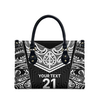 New Zealand Black Fern Custom Leather Bag Maori Tukutuku Black-white Motif LT9 - Polynesian Pride