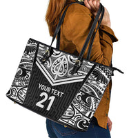 New Zealand Black Fern Custom Leather Tote Bag Maori Tukutuku Black-white Motif LT9 - Polynesian Pride