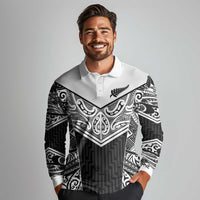 New Zealand Black Fern Custom Long Sleeve Polo Shirt Maori Tukutuku Black-white Motif LT9 - Polynesian Pride