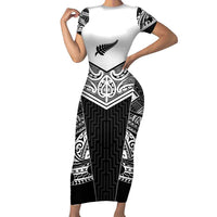 New Zealand Black Fern Custom Short Sleeve Bodycon Dress Maori Tukutuku Black-white Motif LT9 Long Dress White - Polynesian Pride