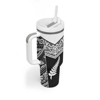 New Zealand Black Fern Custom Tumbler With Handle Maori Tukutuku Black-white Motif LT9 - Polynesian Pride