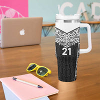 New Zealand Black Fern Custom Tumbler With Handle Maori Tukutuku Black-white Motif LT9 - Polynesian Pride