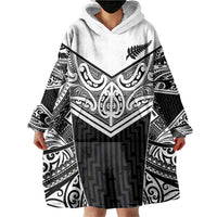 New Zealand Black Fern Custom Wearable Blanket Hoodie Maori Tukutuku Black-white Motif