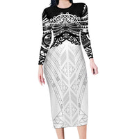 New Zealand Koru Fern Custom Long Sleeve Bodycon Dress Simple Taniko Motif LT9 Long Dress White - Polynesian Pride