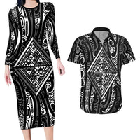 New Zealand Maori Taniko Couples Matching Long Sleeve Bodycon Dress and Hawaiian Shirt Black Kowhaiwhai Puhoro LT9 Black - Polynesian Pride