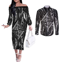 New Zealand Maori Taniko Couples Matching Off The Shoulder Long Sleeve Dress and Long Sleeve Button Shirt Black Kowhaiwhai Puhoro LT9 Black - Polynesian Pride