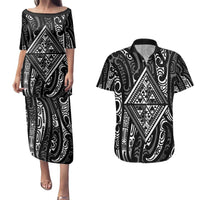 New Zealand Maori Taniko Couples Matching Puletasi and Hawaiian Shirt Black Kowhaiwhai Puhoro LT9 Black - Polynesian Pride