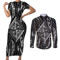 New Zealand Maori Taniko Couples Matching Short Sleeve Bodycon Dress and Long Sleeve Button Shirt Black Kowhaiwhai Puhoro LT9 Black - Polynesian Pride