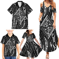 New Zealand Maori Taniko Family Matching Summer Maxi Dress and Hawaiian Shirt Black Kowhaiwhai Puhoro LT9 - Polynesian Pride