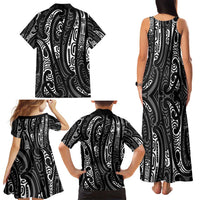 New Zealand Maori Taniko Family Matching Tank Maxi Dress and Hawaiian Shirt Black Kowhaiwhai Puhoro LT9 - Polynesian Pride