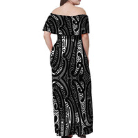 New Zealand Maori Taniko Off Shoulder Maxi Dress Black Kowhaiwhai Puhoro LT9 - Polynesian Pride