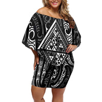 New Zealand Maori Taniko Off Shoulder Short Dress Black Kowhaiwhai Puhoro LT9 Women Black - Polynesian Pride