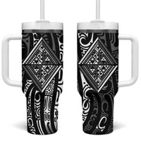 New Zealand Maori Taniko Tumbler With Handle Black Kowhaiwhai Puhoro LT9 One Size: 40 oz Black - Polynesian Pride