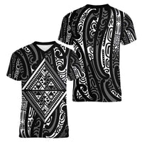 New Zealand Maori Taniko Women V-Neck T-Shirt Black Kowhaiwhai Puhoro LT9 - Polynesian Pride