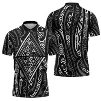 New Zealand Maori Taniko Zipper Polo Shirt Black Kowhaiwhai Puhoro LT9 - Polynesian Pride