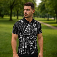 New Zealand Maori Taniko Zipper Polo Shirt Black Kowhaiwhai Puhoro LT9 - Polynesian Pride