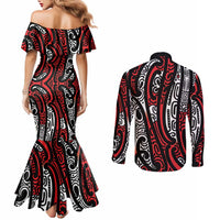 New Zealand Maori Taniko Couples Matching Mermaid Dress and Long Sleeve Button Shirt Red Kowhaiwhai Puhoro LT9 - Polynesian Pride