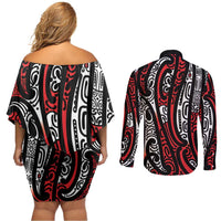 New Zealand Maori Taniko Couples Matching Off Shoulder Short Dress and Long Sleeve Button Shirt Red Kowhaiwhai Puhoro LT9 - Polynesian Pride