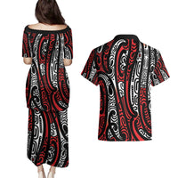New Zealand Maori Taniko Couples Matching Puletasi and Hawaiian Shirt Red Kowhaiwhai Puhoro LT9 - Polynesian Pride