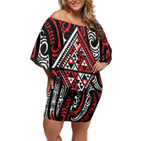 New Zealand Maori Taniko Off Shoulder Short Dress Red Kowhaiwhai Puhoro LT9 Women Red - Polynesian Pride