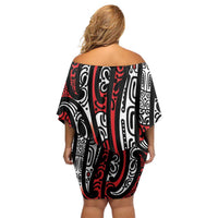 New Zealand Maori Taniko Off Shoulder Short Dress Red Kowhaiwhai Puhoro LT9 - Polynesian Pride