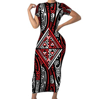 New Zealand Maori Taniko Short Sleeve Bodycon Dress Red Kowhaiwhai Puhoro LT9 Long Dress Red - Polynesian Pride