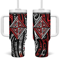 New Zealand Maori Taniko Tumbler With Handle Red Kowhaiwhai Puhoro LT9 One Size: 40 oz Red - Polynesian Pride