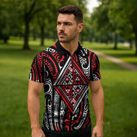 New Zealand Maori Taniko Zipper Polo Shirt Red Kowhaiwhai Puhoro LT9 - Polynesian Pride