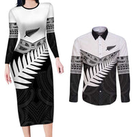 New Zealand Silver Fern Couples Matching Long Sleeve Bodycon Dress and Long Sleeve Button Shirt Maori Koru Mixed Taniko Pattern LT9 White - Polynesian Pride