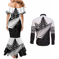 New Zealand Silver Fern Couples Matching Mermaid Dress and Long Sleeve Button Shirt Maori Koru Mixed Taniko Pattern LT9 - Polynesian Pride