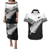 New Zealand Silver Fern Couples Matching Puletasi and Hawaiian Shirt Maori Koru Mixed Taniko Pattern LT9 White - Polynesian Pride