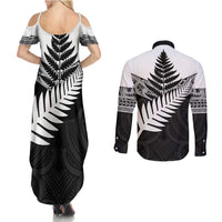 New Zealand Silver Fern Couples Matching Summer Maxi Dress and Long Sleeve Button Shirt Maori Koru Mixed Taniko Pattern LT9 - Polynesian Pride