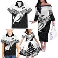 New Zealand Silver Fern Family Matching Off The Shoulder Long Sleeve Dress and Hawaiian Shirt Maori Koru Mixed Taniko Pattern LT9 - Polynesian Pride