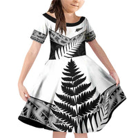New Zealand Silver Fern Family Matching Off Shoulder Short Dress and Hawaiian Shirt Maori Koru Mixed Taniko Pattern LT9 Daughter's Dress White - Polynesian Pride