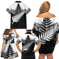 New Zealand Silver Fern Family Matching Off Shoulder Short Dress and Hawaiian Shirt Maori Koru Mixed Taniko Pattern LT9 - Polynesian Pride