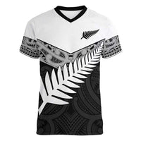 New Zealand Silver Fern Women V-Neck T-Shirt Maori Koru Mixed Taniko Pattern LT9 Female White - Polynesian Pride