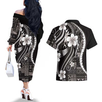 Samoa Siapo Tribal Pattern Couples Matching Off The Shoulder Long Sleeve Dress and Hawaiian Shirt Black Polynesian Plumeria Tapa Motif LT9 - Polynesian Pride