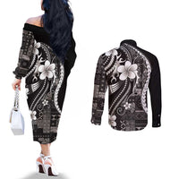 Samoa Siapo Tribal Pattern Couples Matching Off The Shoulder Long Sleeve Dress and Long Sleeve Button Shirt Black Polynesian Plumeria Tapa Motif LT9 - Polynesian Pride