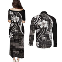 Samoa Siapo Tribal Pattern Couples Matching Puletasi and Long Sleeve Button Shirt Black Polynesian Plumeria Tapa Motif