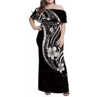 Samoa Siapo Tribal Pattern Family Matching Off Shoulder Maxi Dress and Hawaiian Shirt Black Polynesian Plumeria Tapa Motif LT9 Mom's Dress Black - Polynesian Pride