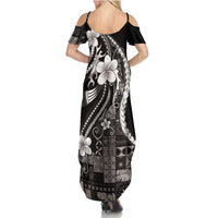 Samoa Siapo Tribal Pattern Family Matching Summer Maxi Dress and Hawaiian Shirt Black Polynesian Plumeria Tapa Motif LT9 - Polynesian Pride