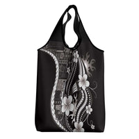 Samoa Siapo Tribal Pattern Grocery Bag Black Polynesian Plumeria Tapa Motif