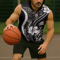 Samoa Siapo Tribal Pattern Sleeveless Zip Hoodie Black Polynesian Plumeria Tapa Motif