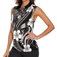 Samoa Siapo Tribal Pattern Women Sleeveless Polo Shirt Black Polynesian Plumeria Tapa Motif LT9 - Polynesian Pride